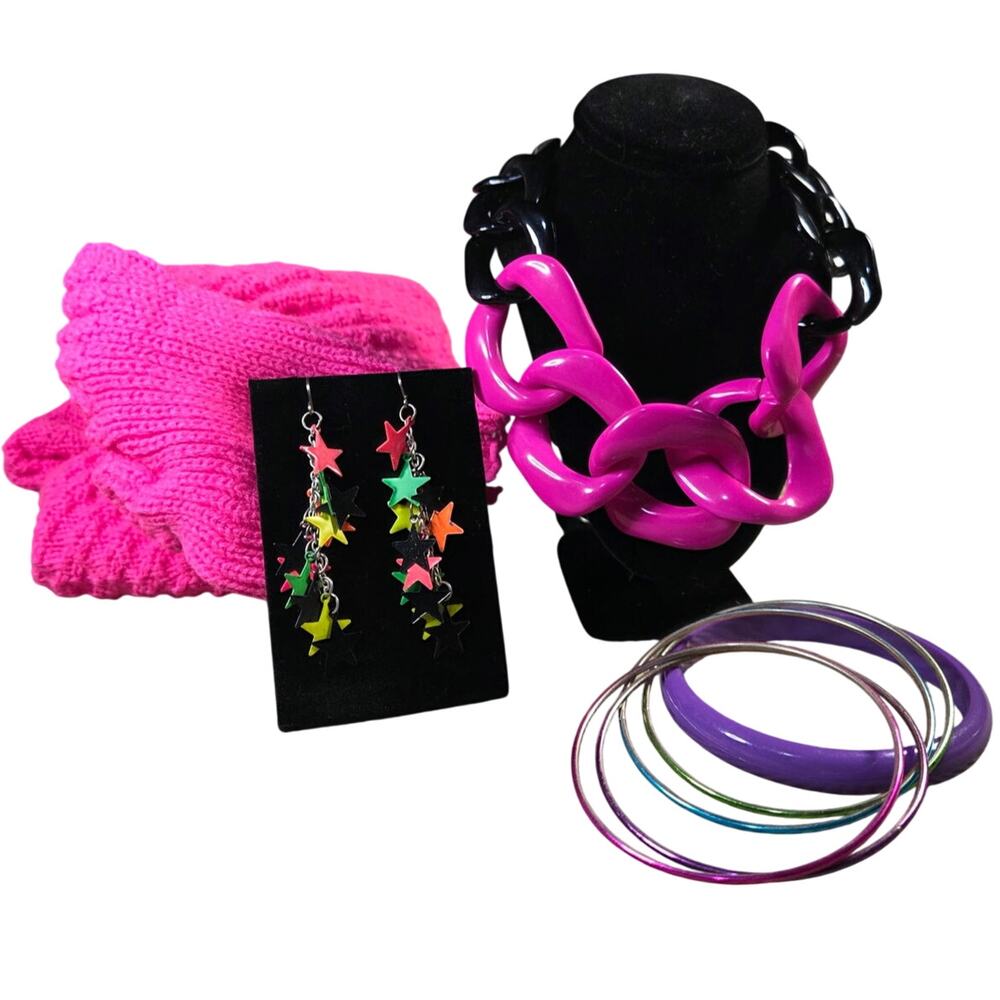 1980s Neon Costume Jewelry & Leg Warmers 4-Piece Retro 80s Party Accessory Kit